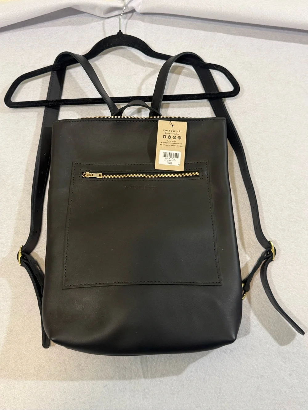 Portland Leather Laptop Backpack Leather Black With Gold Front Zip Pocket